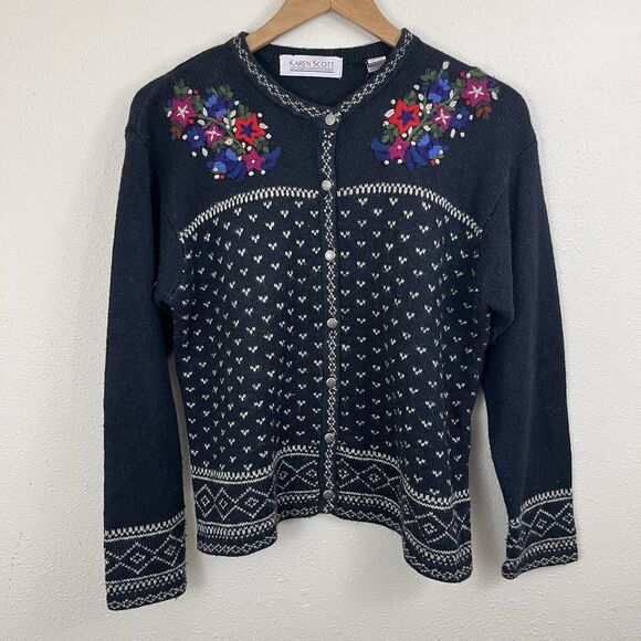 Vintage Karen Scott Floral Embroidery Fair Isle Cardigan Sweater M Medium Nordic - Picture 1 of 6